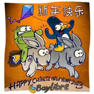 Drawing of Android robot and Tux riding rabbits with the text Happy Chinese New Year
