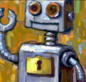 oil painting of a robot with a padlock on its chest