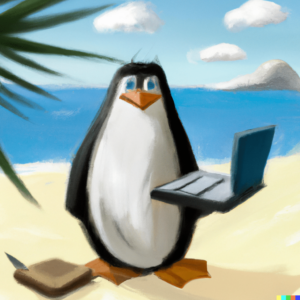 Penguin with laptop at beach