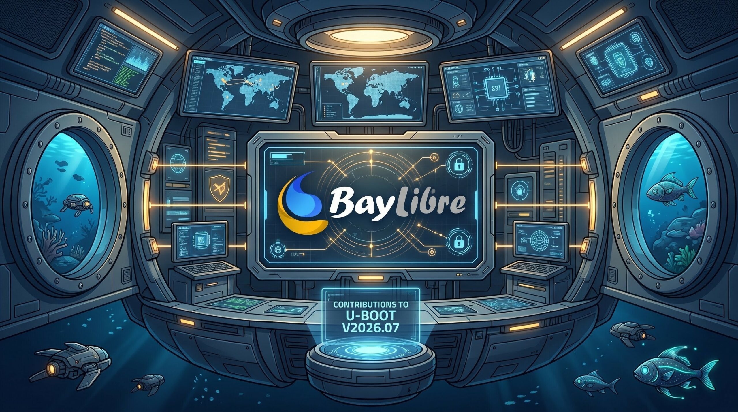 A U-Boot with fishes and a font showing BayLibre contributions